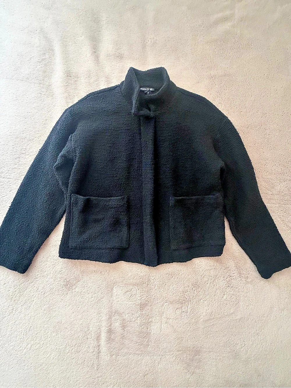 Eileen Fisher Black Textured Cotton Stand Collar Jacket XS